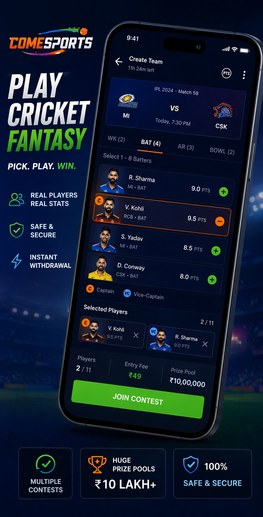 Come APK 11 cricket fantasy visual